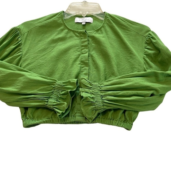 L'Acadamie The Vera Blouse Linen Blend Long Sleeve Cropped Top XS Lime Green - Picture 8 of 15